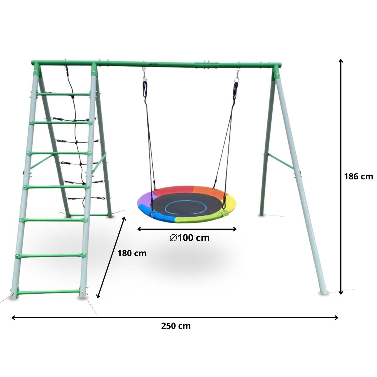 XL градинска площадка за деца с люлка щъркелово гнездо, стълба и мрежа за катерене