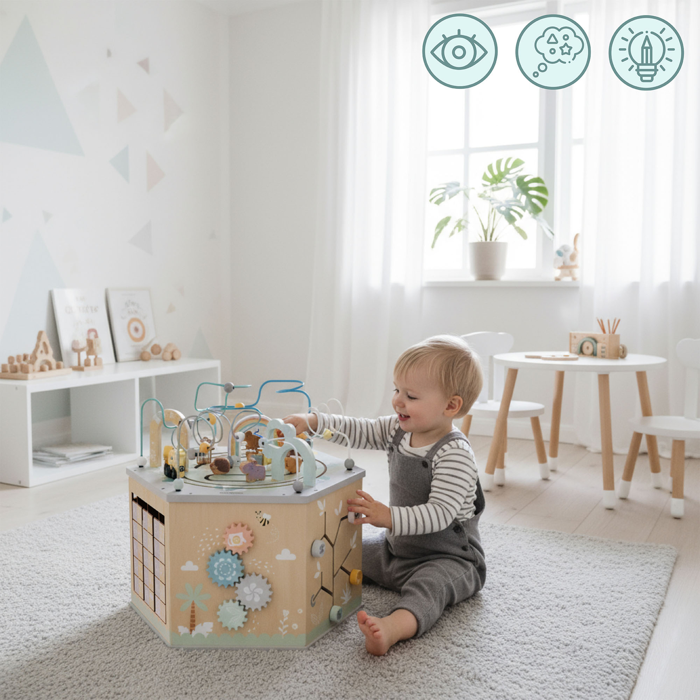 Голям дървен образователен куб - играчка Монтесори с магнитно влакче и моторни примки