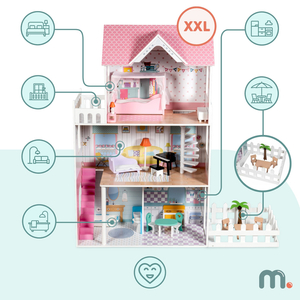 XXL Най-голямата дървена къща за кукли - 123 см - LED осветление - тераса, аксесоари, градина