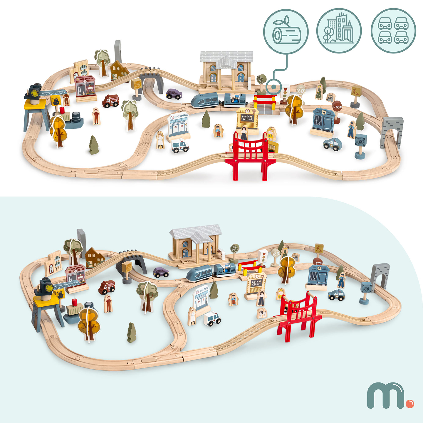 Дървена градска железница с електрически влак - движещ се кран, кораб, мостове