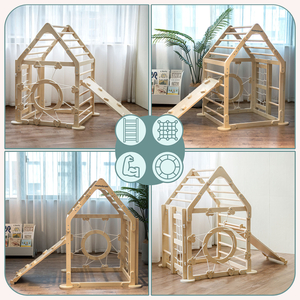 Дървена закрита детска площадка - къщичка със стълби и пързалка
