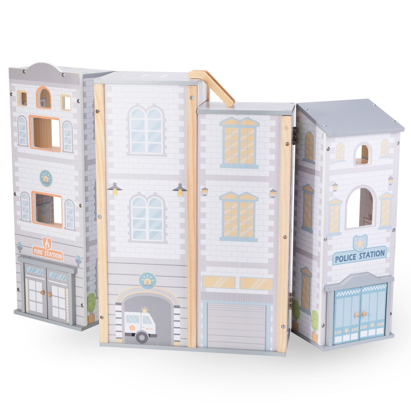 Голяма сгъваема пожарна с полицейски участък - дървен комплект. Пожарна и полицейски участък с аксесоари.