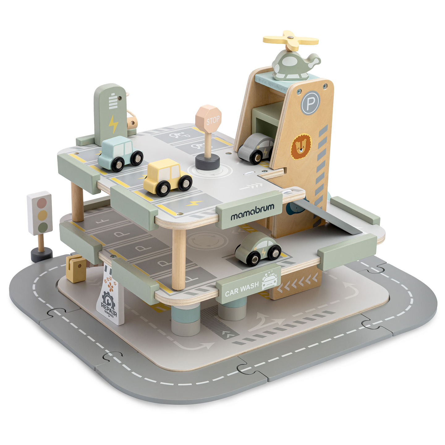 Дървен, триетажен гараж за деца с аксесоари – паркинг, бензиностанция, автомивка, хеликоптер