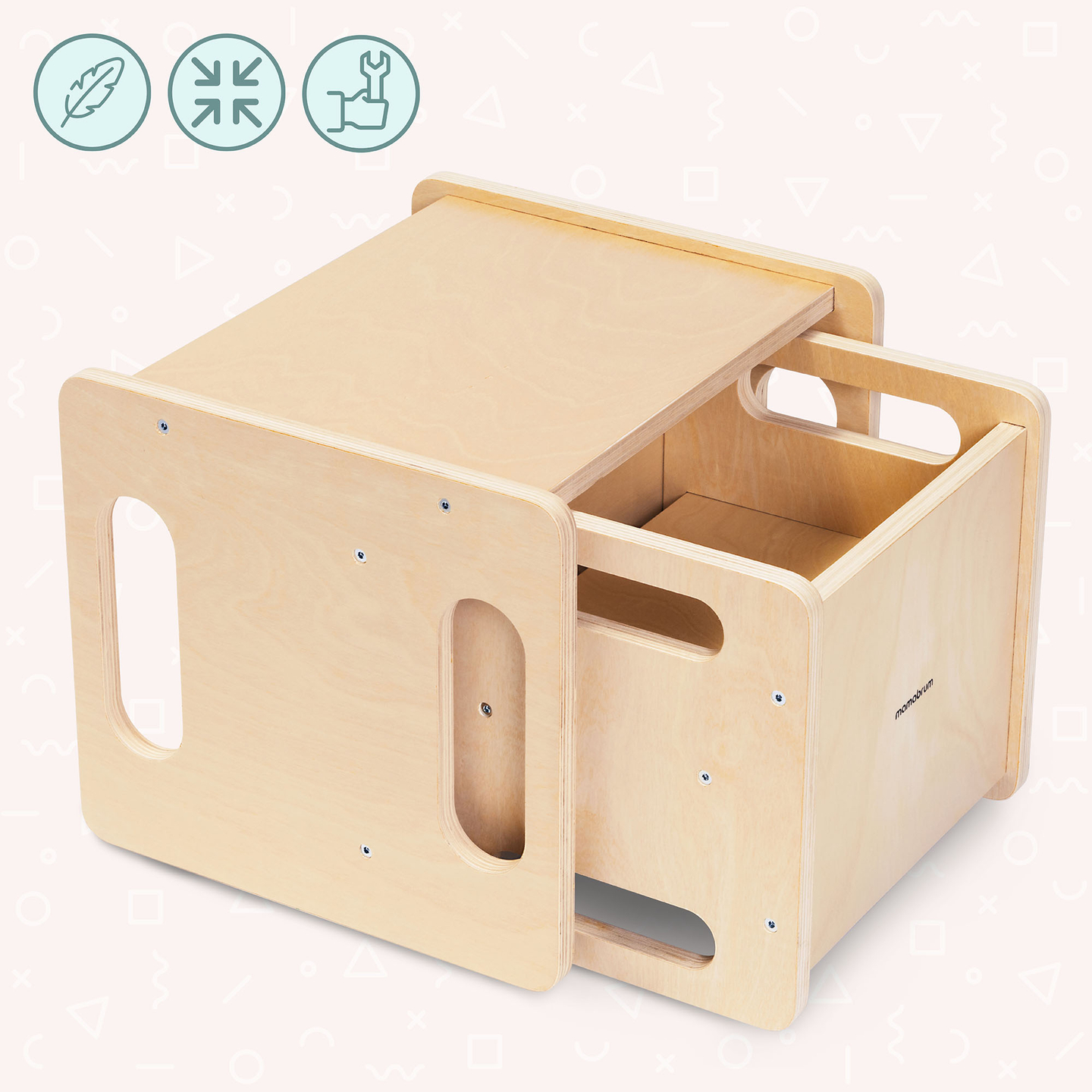 Дървена маса и стол с функция за стъпване – многофункционален комплект Монтесори за деца