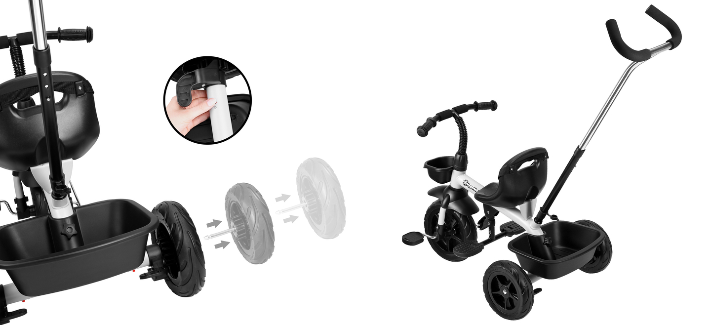 HyperMotion TOBI VECTOR триколка - вечни надуваеми колела + щанга за бутане. Цвят: светло сив.