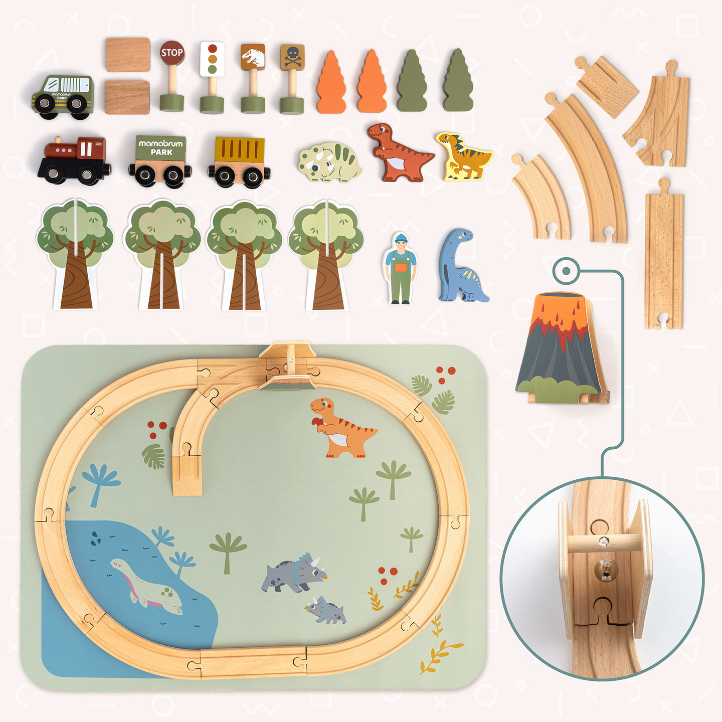 Дървено влакче Дино Парк с противоплъзгаща постелка - динозаври, влакче, релси, вулкан, камбана