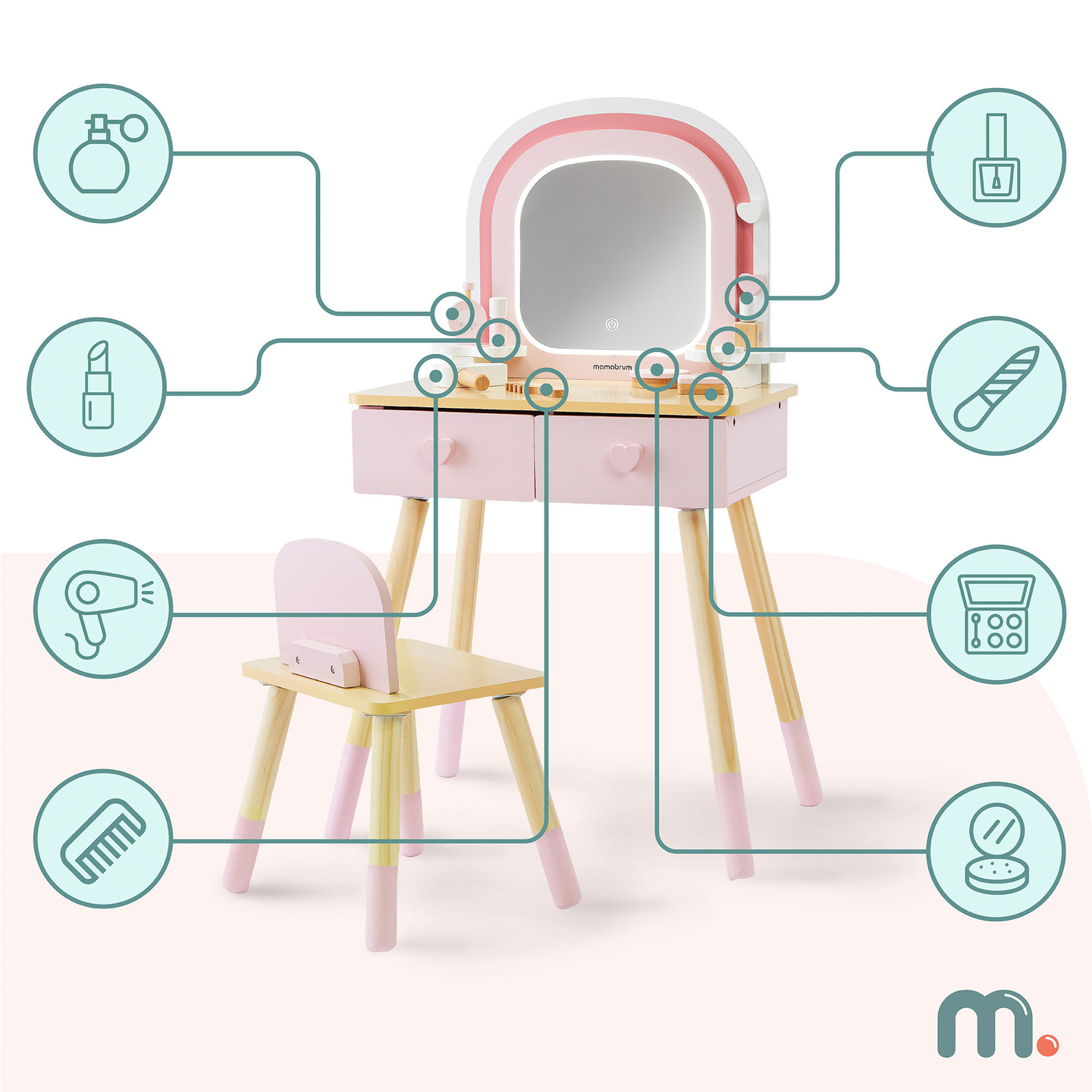 Дървена тоалетка за деца с LED осветление с плавно регулиране на яркостта, стол и аксесоари