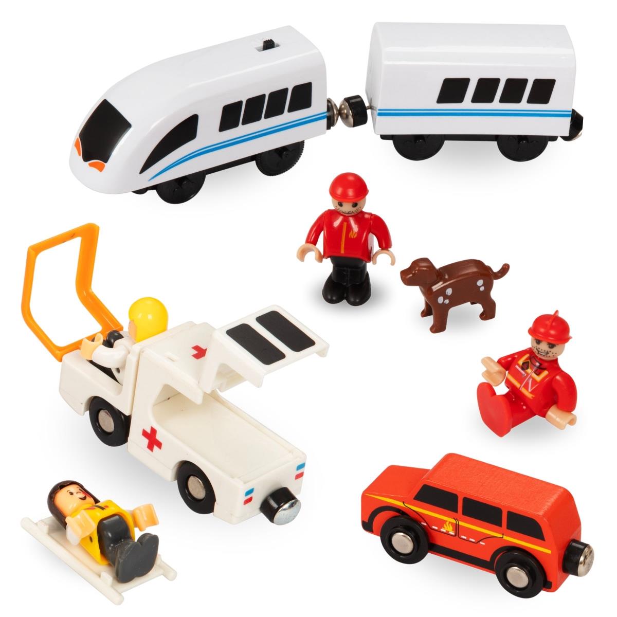 Дървен влак, влак на батерии - пожарна, релси, коли, мостове, бариера