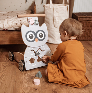 Дървена мултифункционална проходилка - буталка - количка с блокчета - Сова