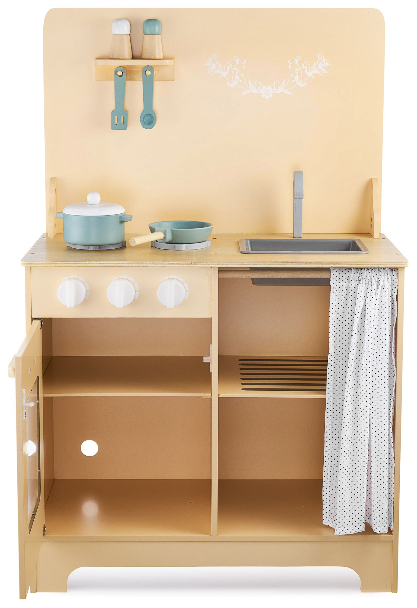 Дървена кухня с престилка, аксесоари и LED осветление