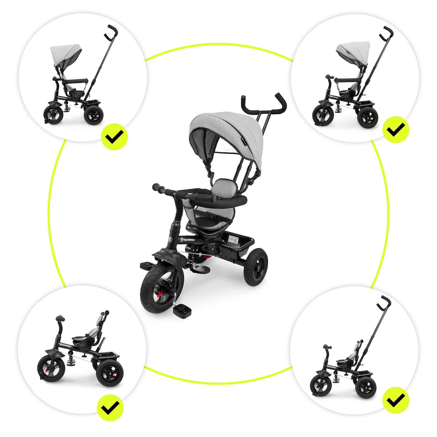 Триколка за деца от 1 до 4 години - TOBI FREY - сив цвят - въртяща се - помпени колела + бутало