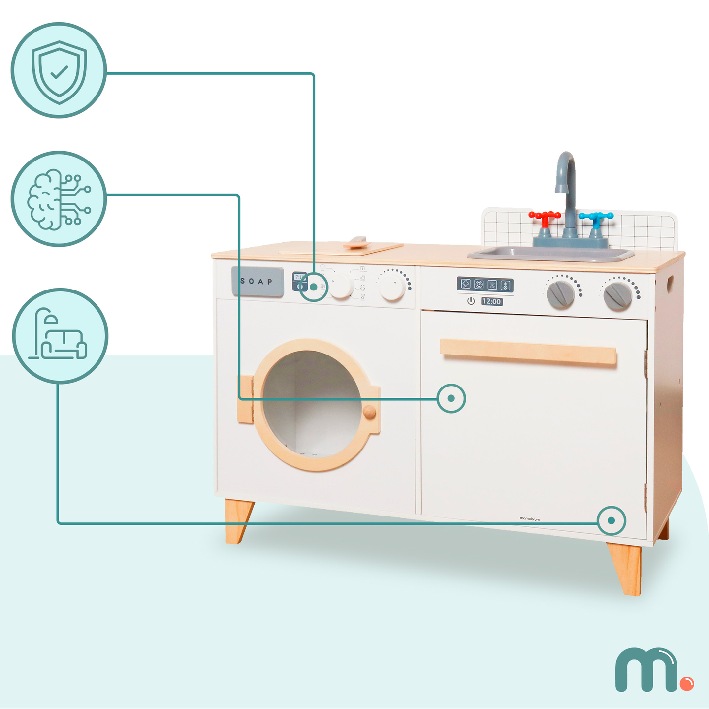 Дървени пералня и кухня - комплект за дома 2 в 1 за деца