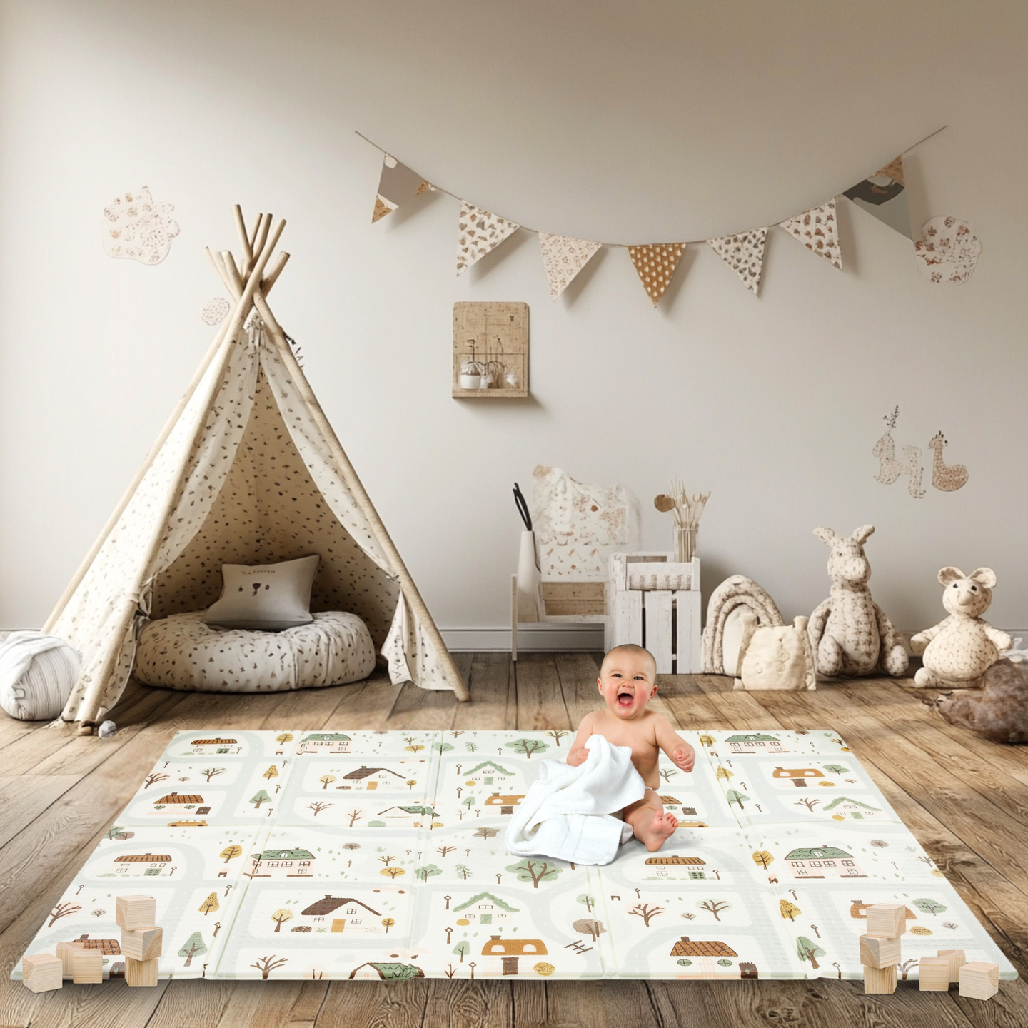 Двустранна сгъваема постелка от пяна 180 x 120 x 1cm - Charming Town/Sand Beige