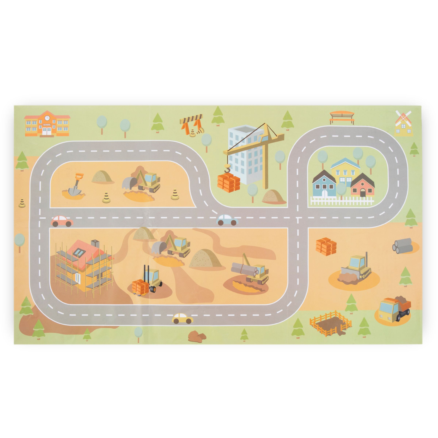 Дървена строителна площадка с голям мобилен кран и превозни средства, кулокранове