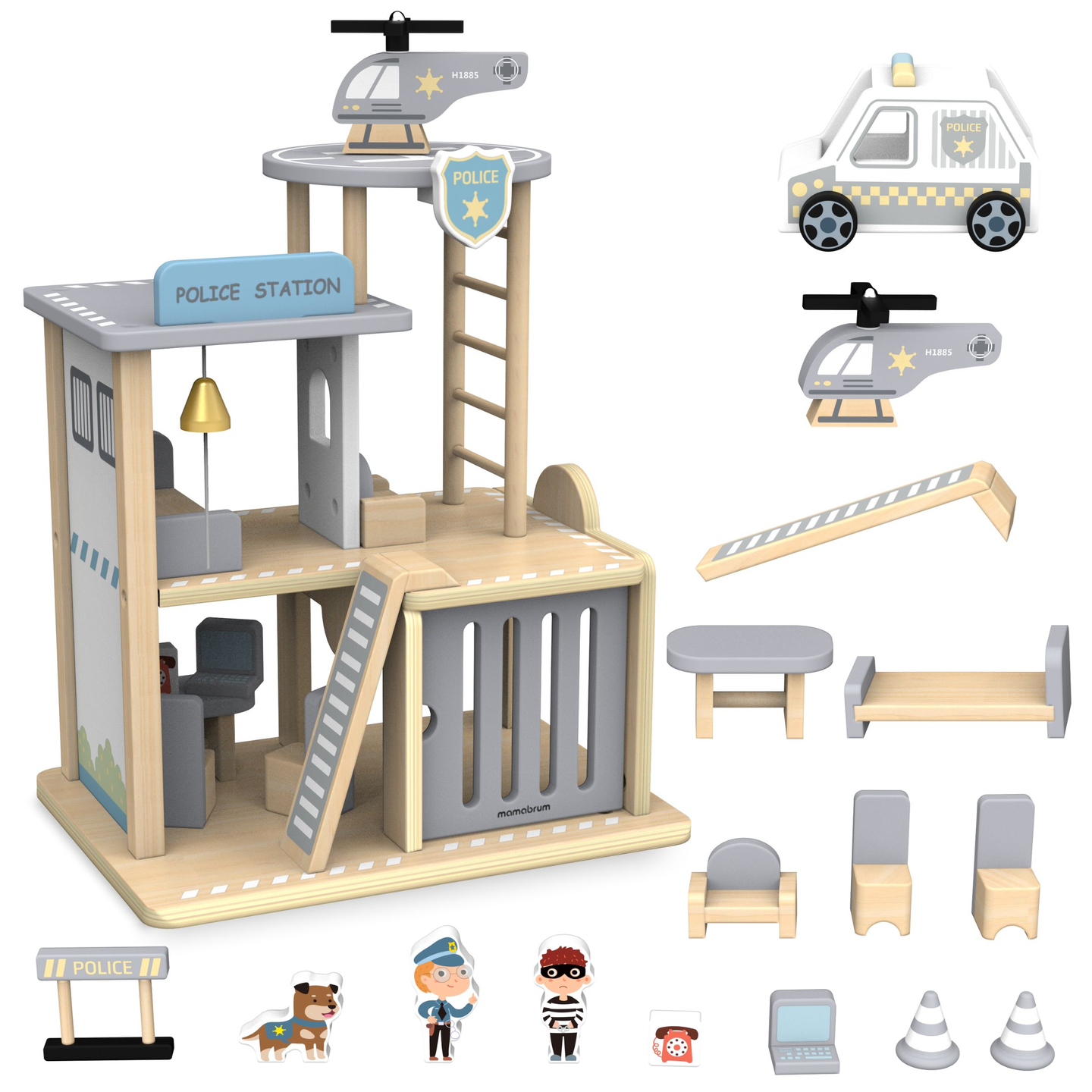 Дървен полицейски участък с аксесоари