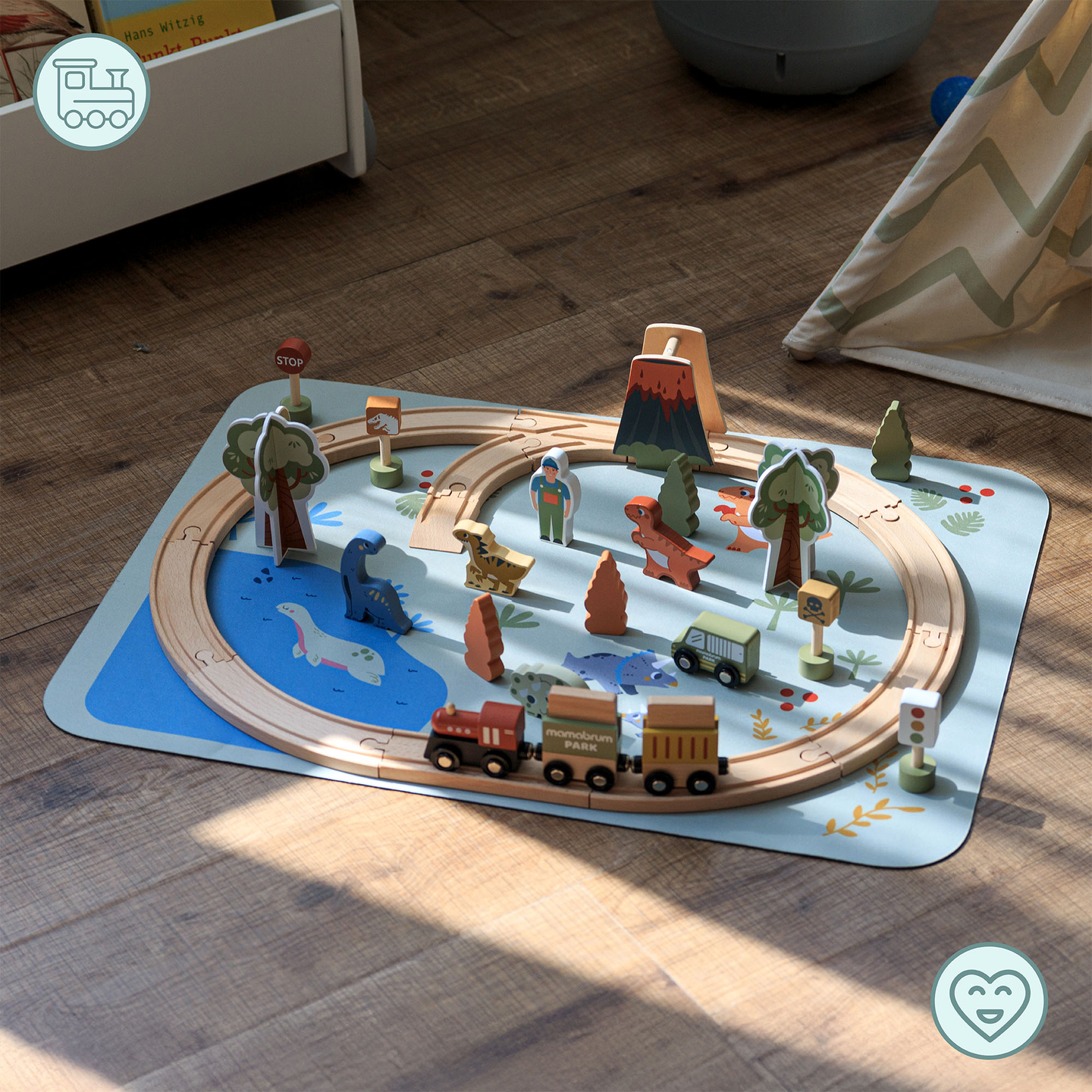 Дървено влакче Дино Парк с противоплъзгаща постелка - динозаври, влакче, релси, вулкан, камбана