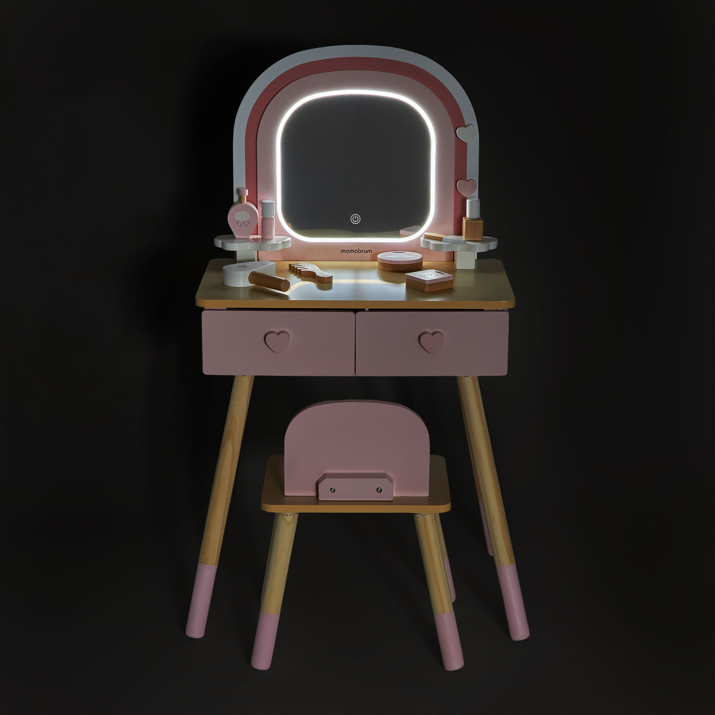 Дървена тоалетка за деца с LED осветление с плавно регулиране на яркостта, стол и аксесоари