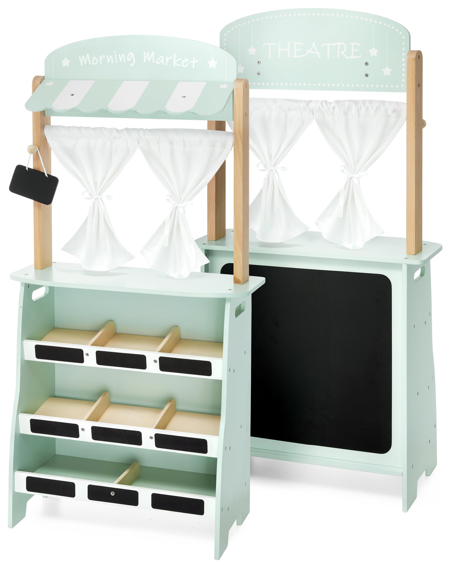 Голям дървен магазин - сергия и театър 2 в 1 с везна, терминал за плащане, плодове и зеленчуци