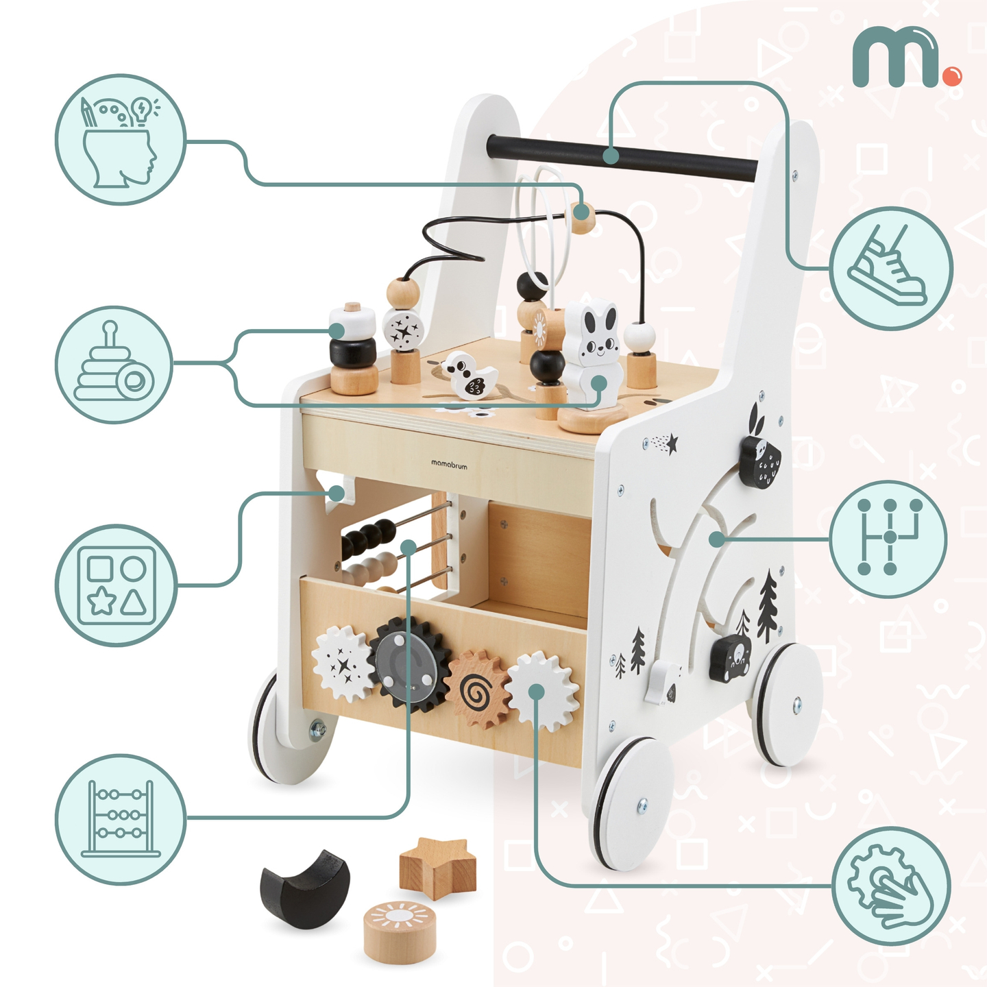 Дървена детска количка 6в1, проходилка с функция за учебна маса