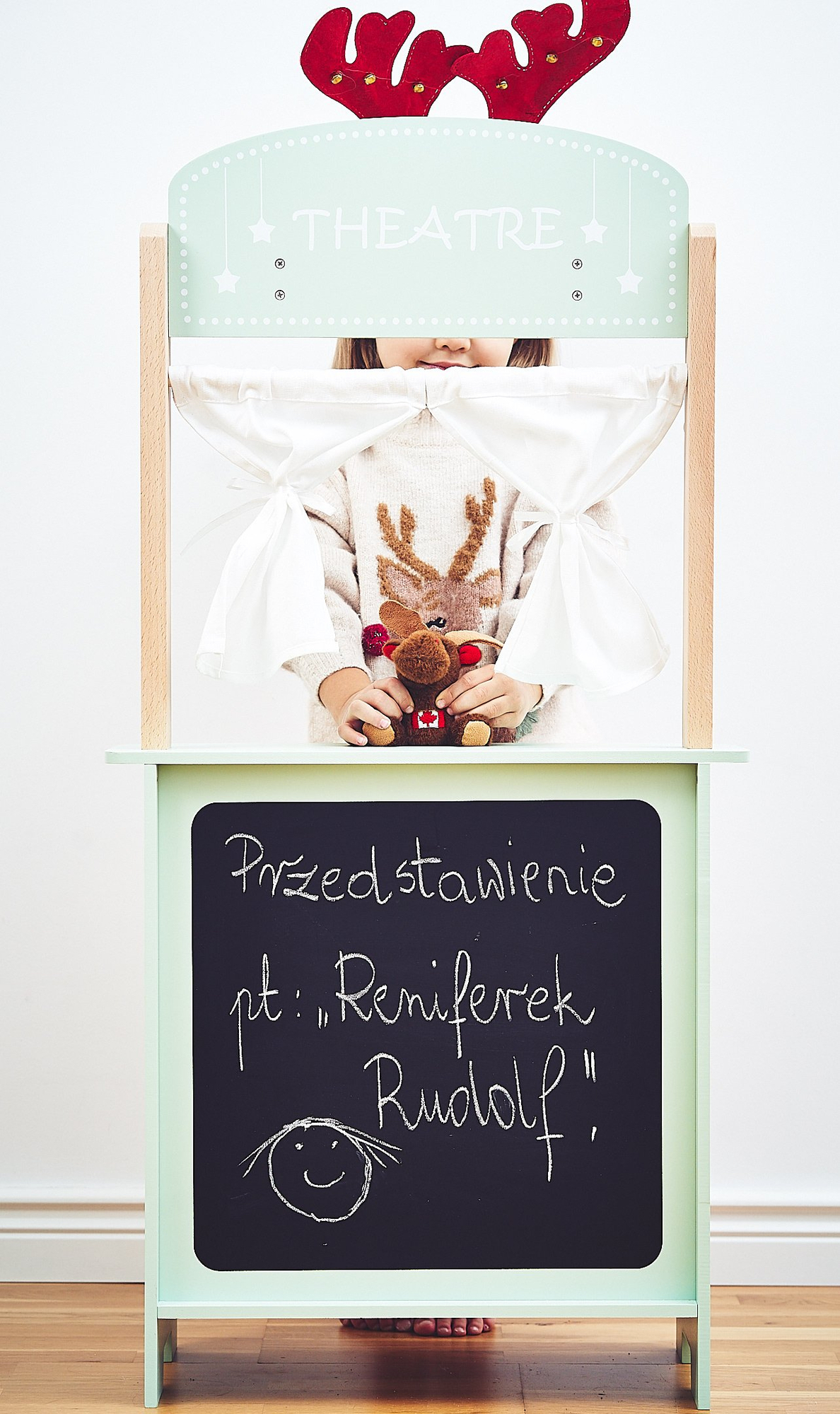 Голям дървен магазин - сергия и театър 2 в 1 с везна, терминал за плащане, плодове и зеленчуци