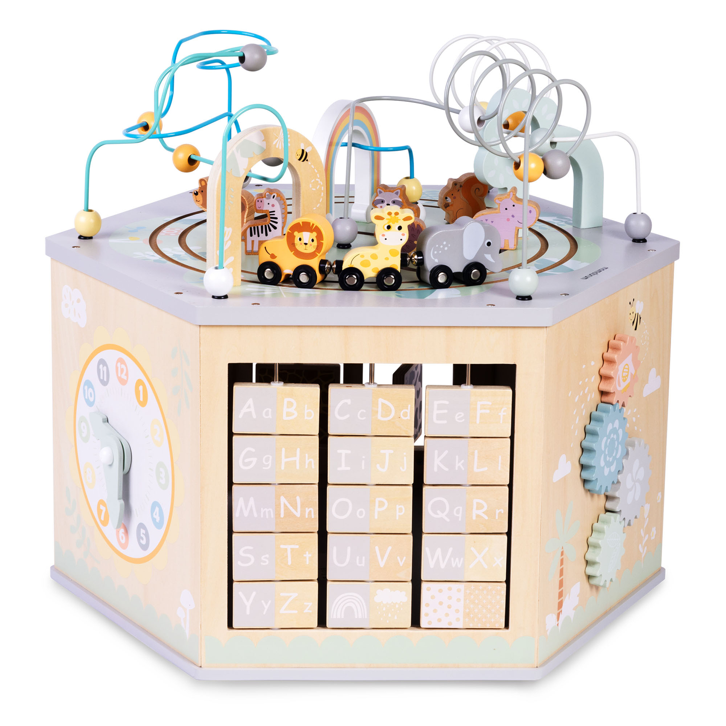 Голям дървен образователен куб - играчка Монтесори с магнитно влакче и моторни примки