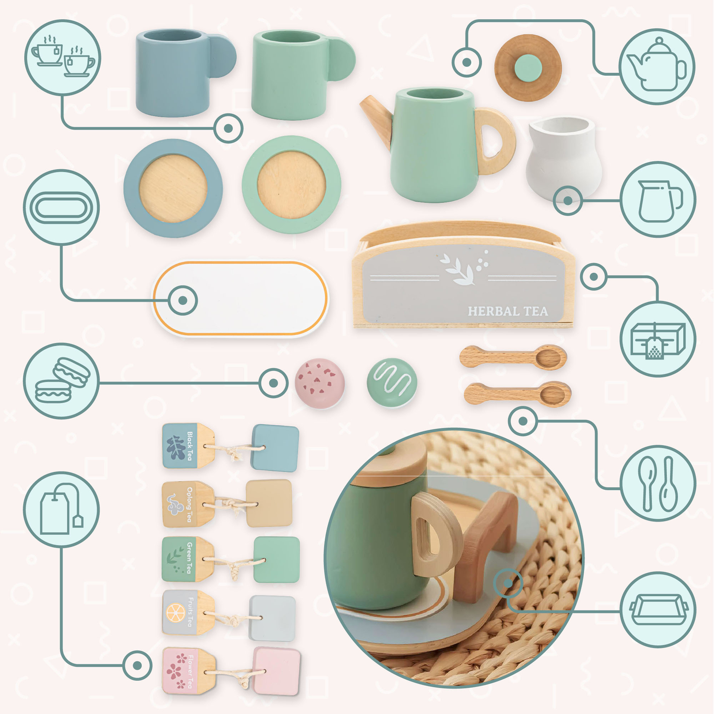 Голям дървен комплект за чай с поднос - 18 артикула