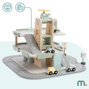 Дървен, триетажен гараж за деца с аксесоари – паркинг, бензиностанция, автомивка, хеликоптер