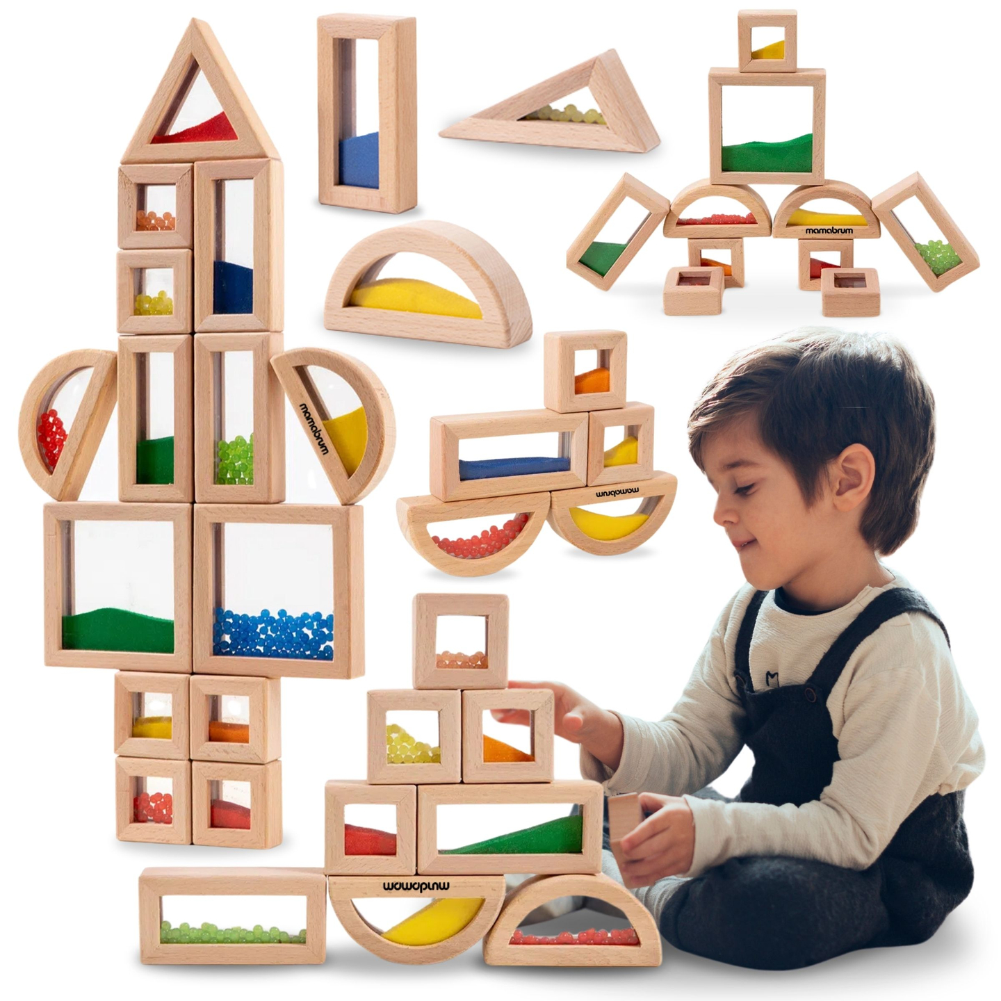 Комплект дървени сензорни блокчета с различни пълнежи - 15 части