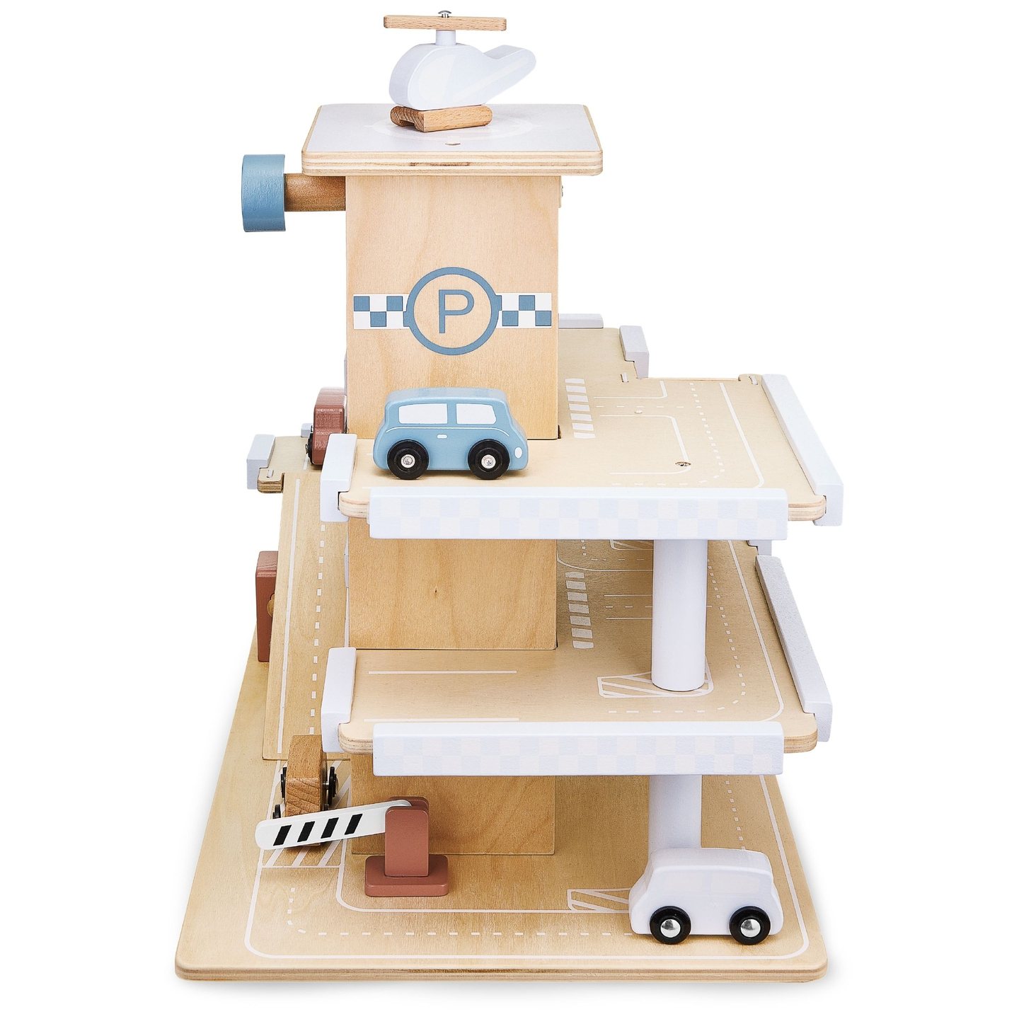 Дървен триетажен паркинг с асансьор - гараж за автомобили и хеликоптер