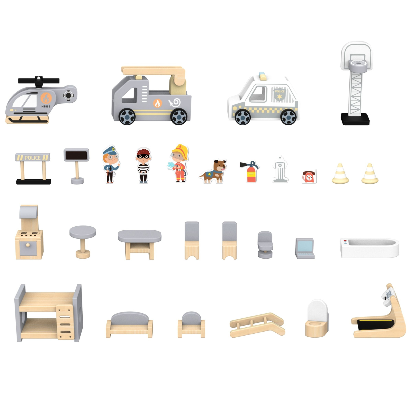 Голяма сгъваема пожарна с полицейски участък - дървен комплект. Пожарна и полицейски участък с аксесоари.