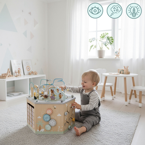 Голям дървен образователен куб - играчка Монтесори с магнитно влакче и моторни примки