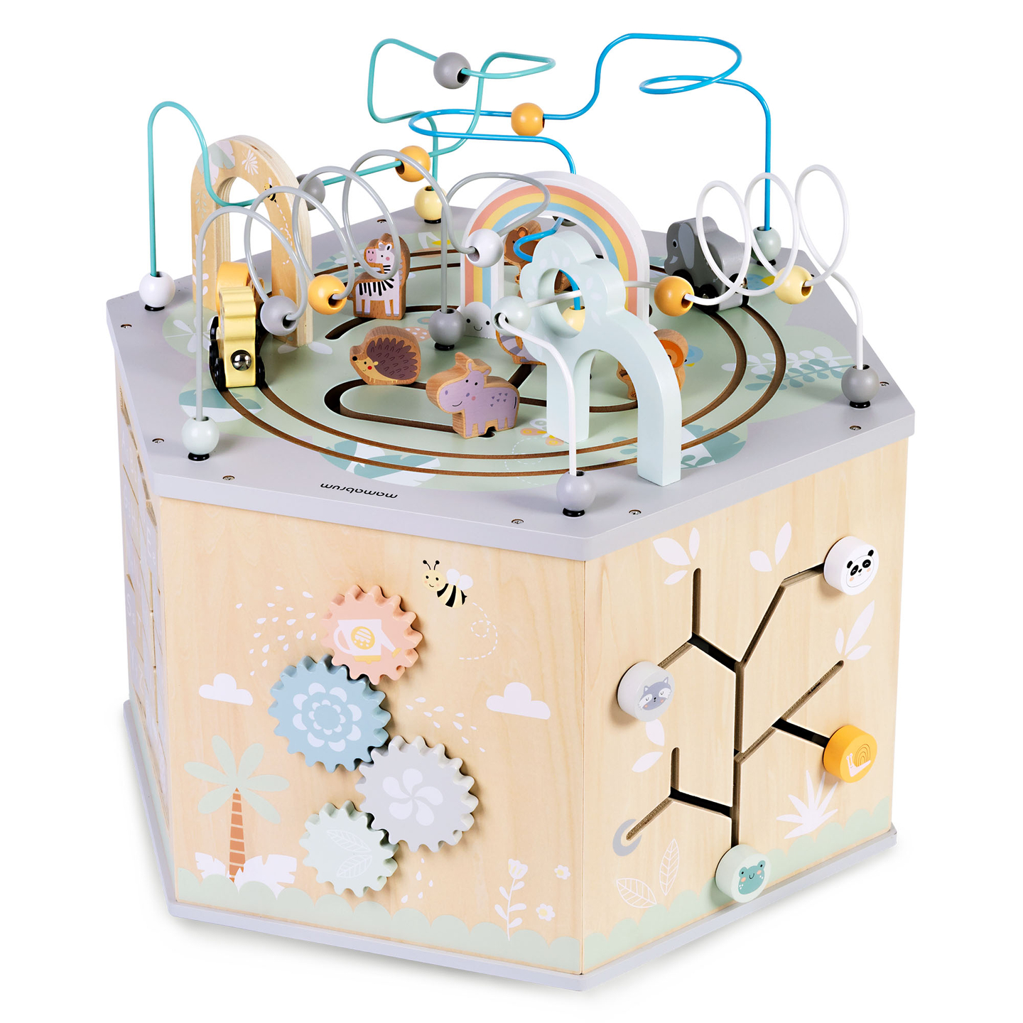 Голям дървен образователен куб - играчка Монтесори с магнитно влакче и моторни примки