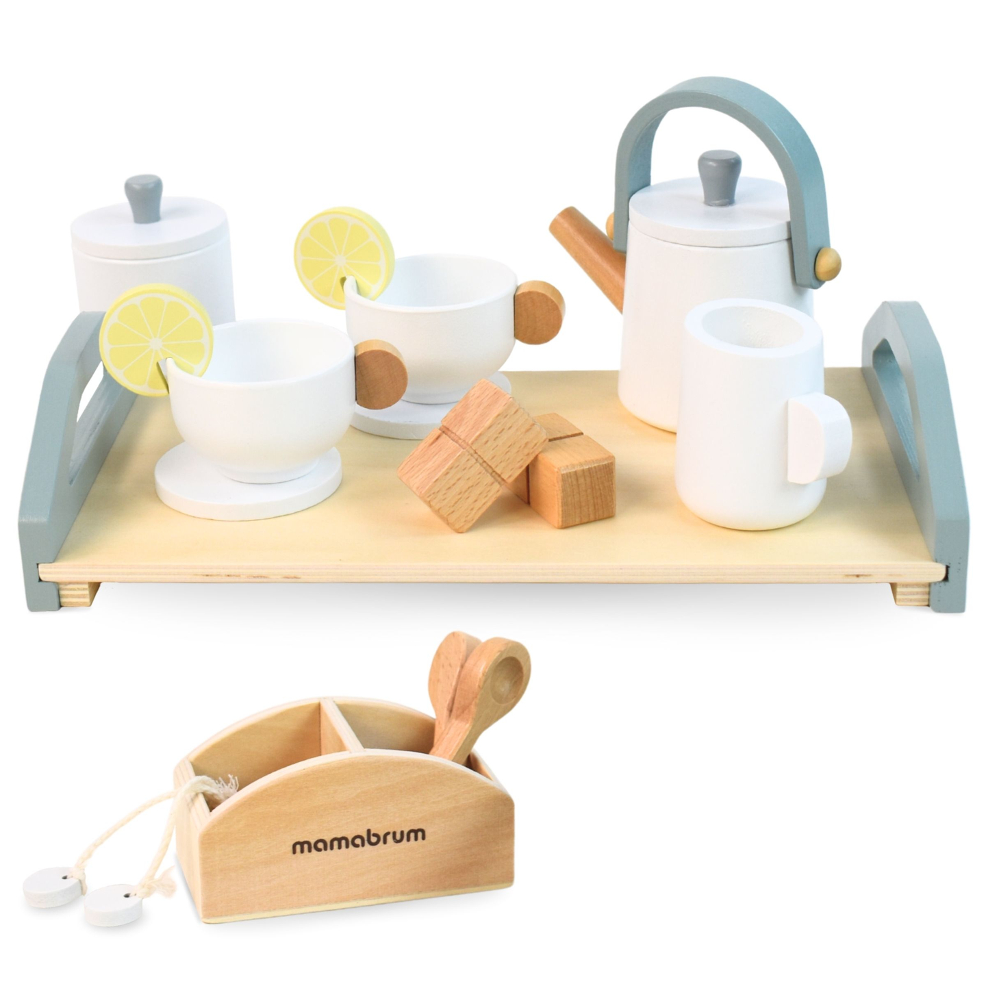 Голям дървен комплект за чай с поднос - 17 артикула