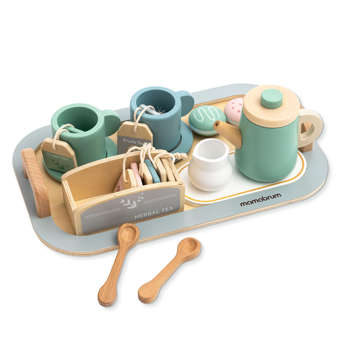 Голям дървен комплект за чай с поднос - 18 артикула