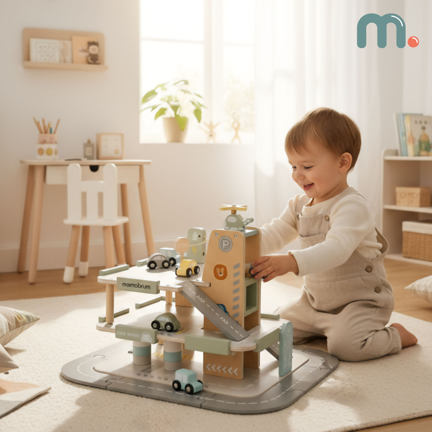 Дървен, триетажен гараж за деца с аксесоари – паркинг, бензиностанция, автомивка, хеликоптер