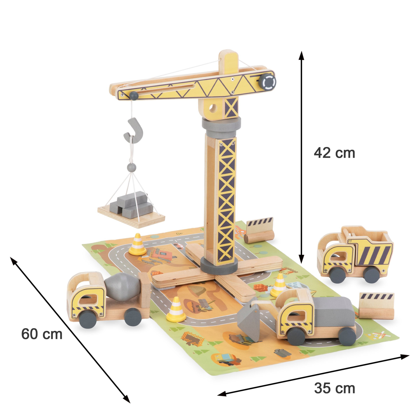 Дървена строителна площадка с голям мобилен кран и превозни средства, кулокранове