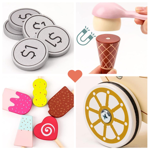 Дървен сладоледен салон за деца - количка на колела с аксесоари