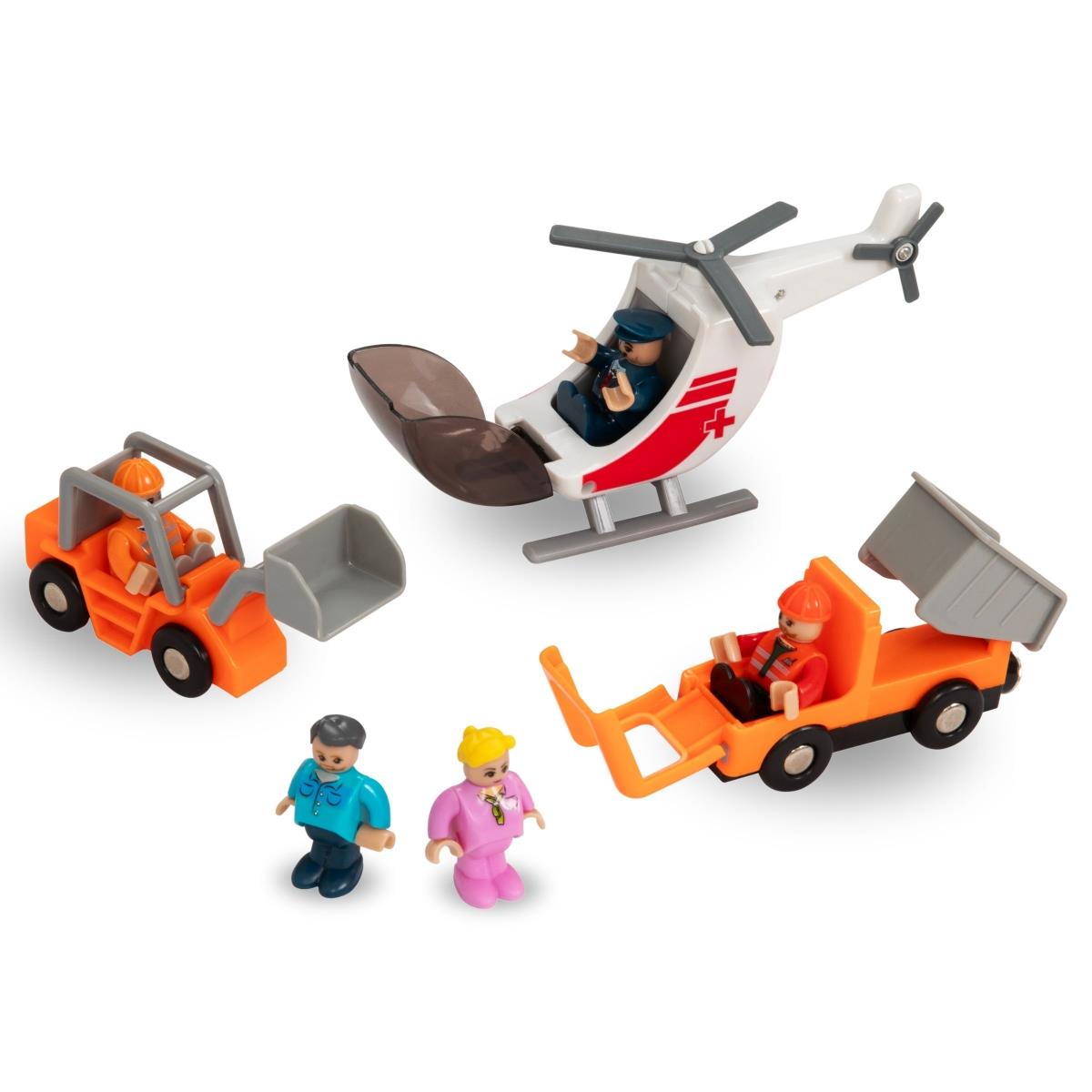 Дървена железница, акумулаторен влак - Град: релси, коли, мост, летище