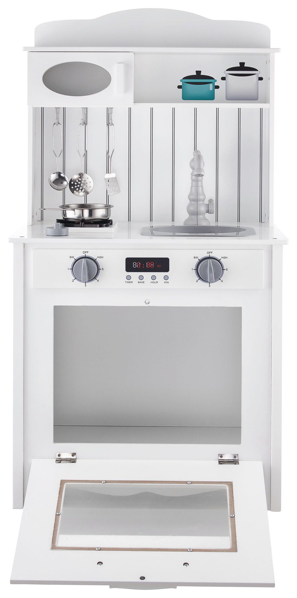 Бяла дървена кухня с престилка, аксесоари и LED лампа