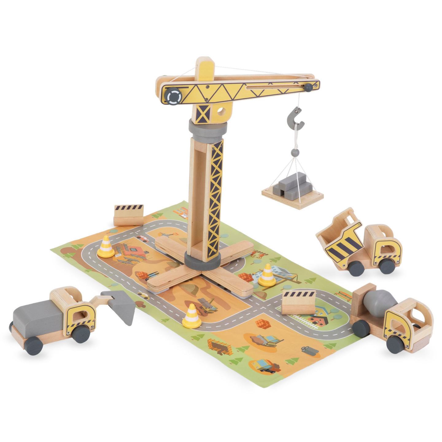 Дървена строителна площадка с голям мобилен кран и превозни средства, кулокранове