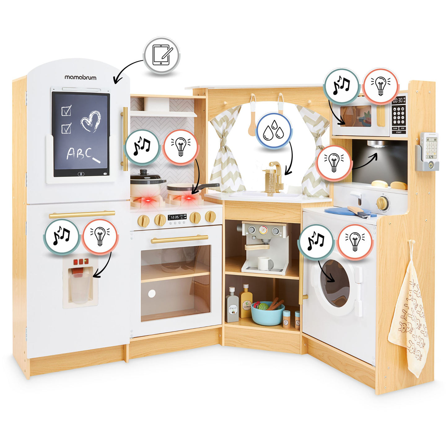 XXXXL голяма дървена интерактивна кухня с LED осветление, пералня, микровълнова печка - 50 елемента