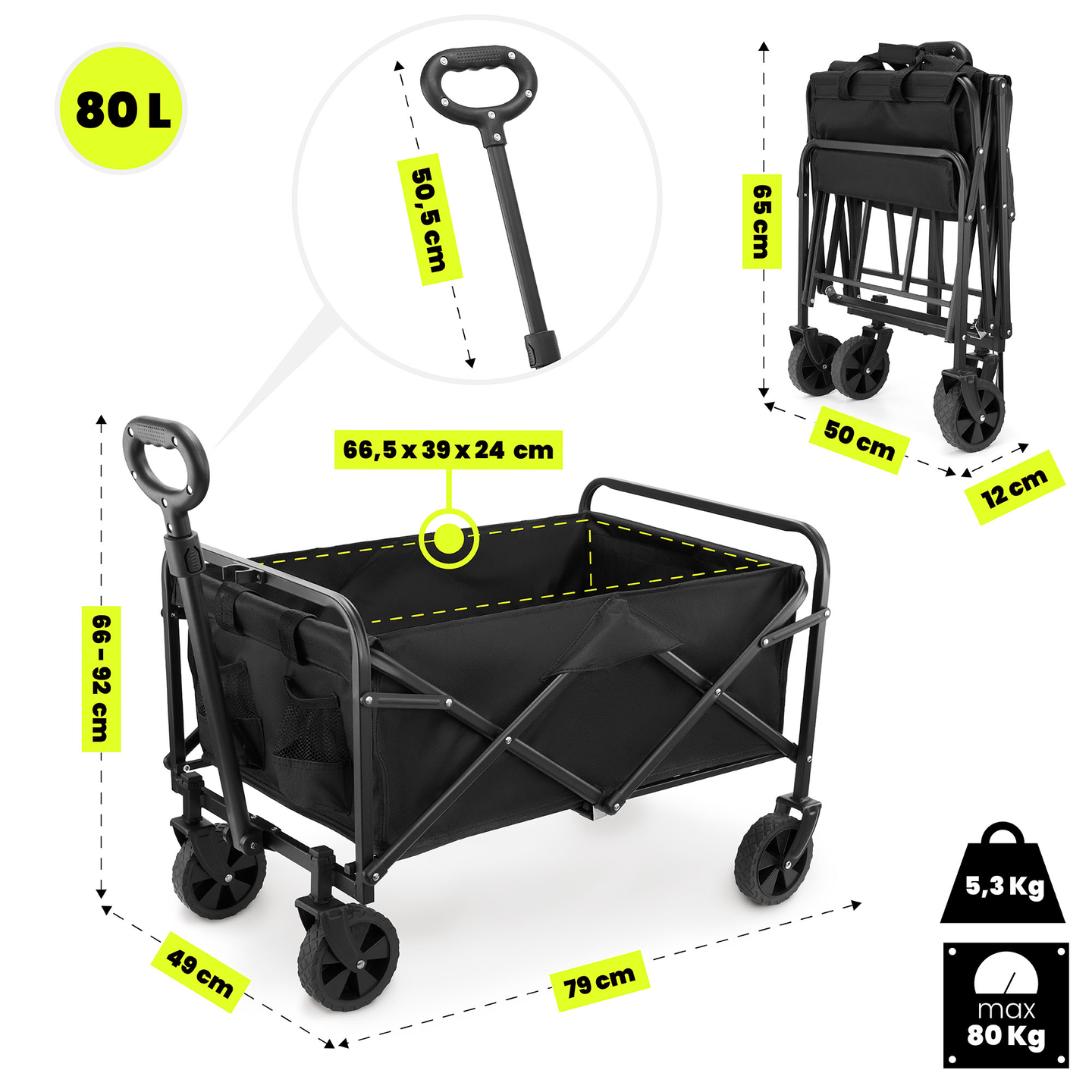 Сгъваема плажна инвалидна количка HyperMotion - черна, 80 кг