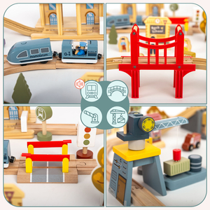 Дървена градска железница с електрически влак - движещ се кран, кораб, мостове