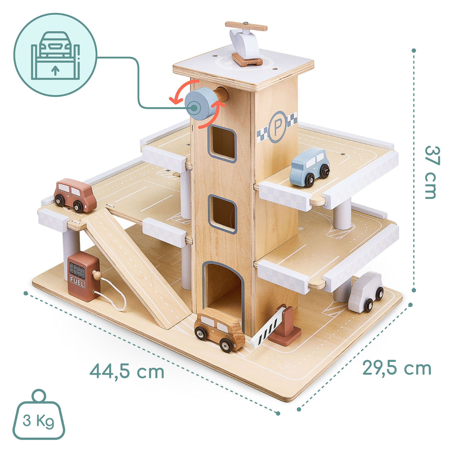 Дървен триетажен паркинг с асансьор - гараж за автомобили и хеликоптер