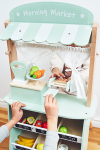 Голям дървен магазин - сергия и театър 2 в 1 с везна, терминал за плащане, плодове и зеленчуци