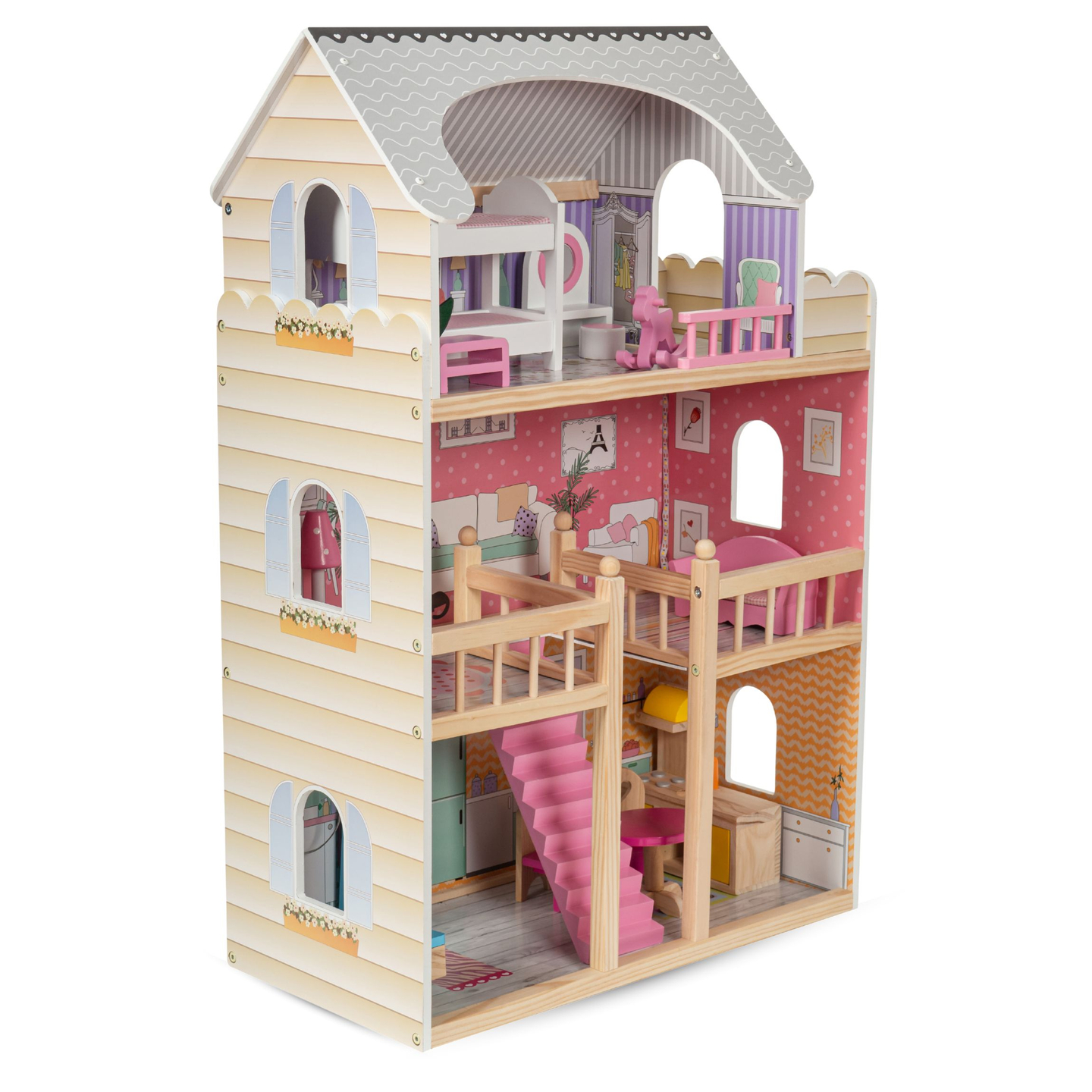 Голяма дървена 3-етажна къща за кукли с тераса, комплект мебели и LED осветление!