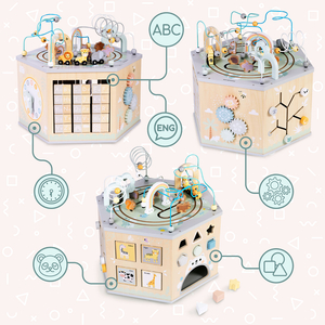 Голям дървен образователен куб - играчка Монтесори с магнитно влакче и моторни примки