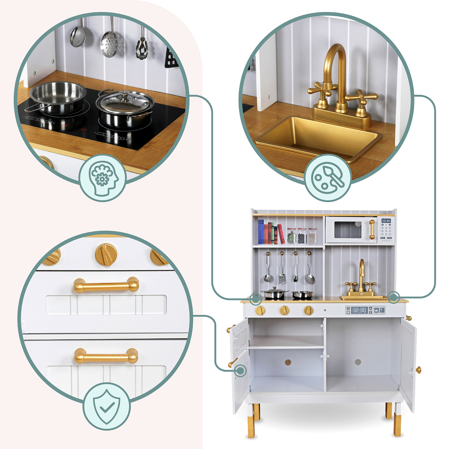 Дървена бяла кухня с аксесоари и престилка