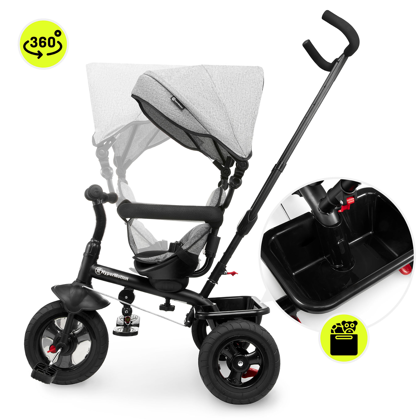 Триколка за деца от 1 до 4 години - TOBI FREY - сив цвят - въртяща се - помпени колела + бутало