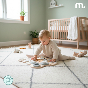 Дървена манипулативна дъска Монтесори с плюшено мече - сензорно обучение за самостоятелност: велкро, тапа, лабиринт, щракащо копче